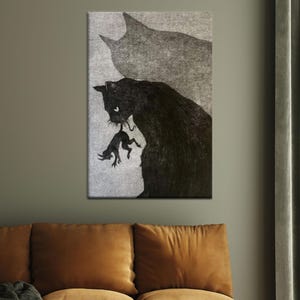 Dark Cat and Frog Silhouette Canvas Wall Art - Gothic Minimal Poster with Shadow Figure - Mysterious Animal Decor for Hallway or Studio