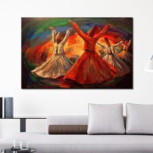 Whirling Dervishes Sufi Dance Canvas Wall Art, Colorful Spiritual Mevlevi Painting Printed on Cotton Canvas for Cultural and Mystical Decor