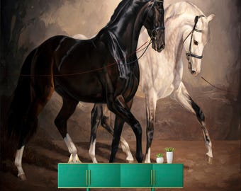 Mural de pared de caballo blanco y negro, elegante arte de pared de dúo de caballos, mural de pared de caballo majestuoso, decoración de pared de caballo real, papel tapiz de caballos,