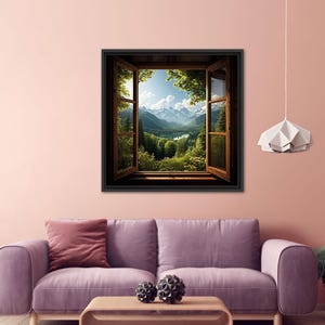 May include: A framed print of a window looking out onto a mountain lake and forest scene. The window is open and the view is framed by the wooden window frame.
