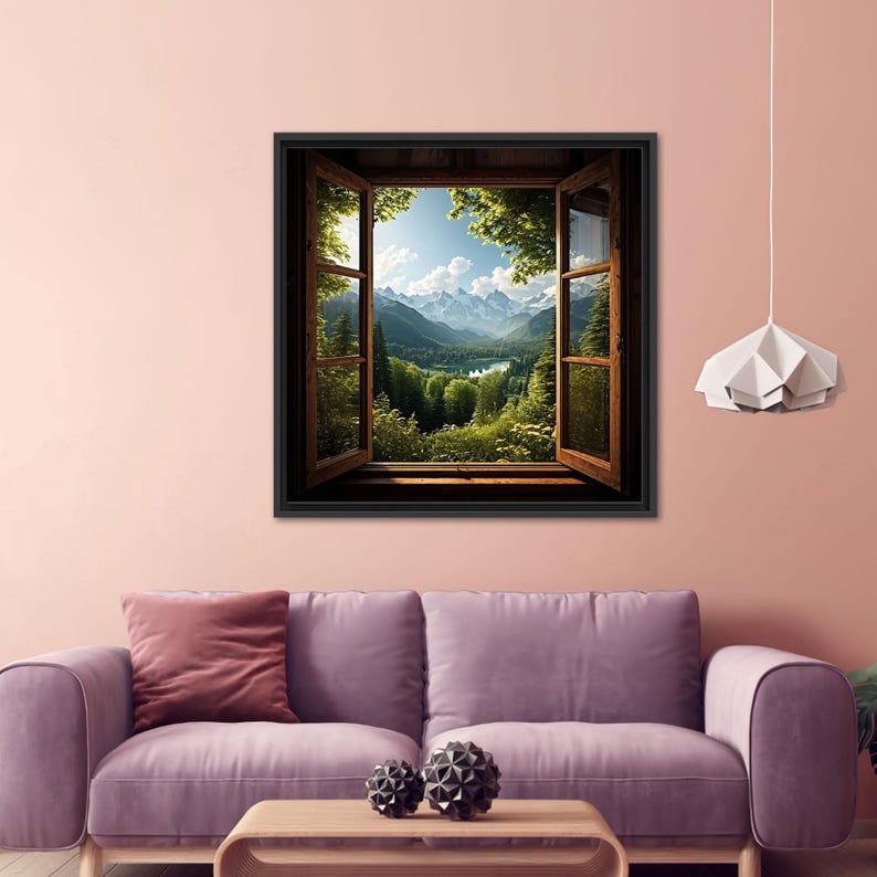 May include: A framed print of a window looking out onto a mountain lake and forest scene. The window is open and the view is framed by the wooden window frame.