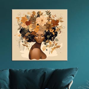 Afro Woman Floral Leinwand Wandkunst - Boho Botanische Schönheit Poster mit Herbstblumen - Moderne feminine Druck für Schlafzimmer oder Studio Dekor
