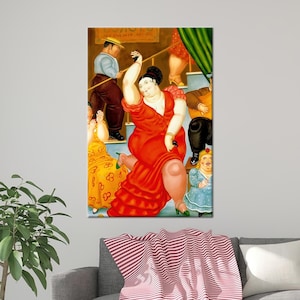 May include: A framed print of a painting depicting a lively scene of people on stairs. A woman in a red dress dances, while others in various outfits watch. The artwork has a distinctive style with exaggerated figures and vibrant colors.