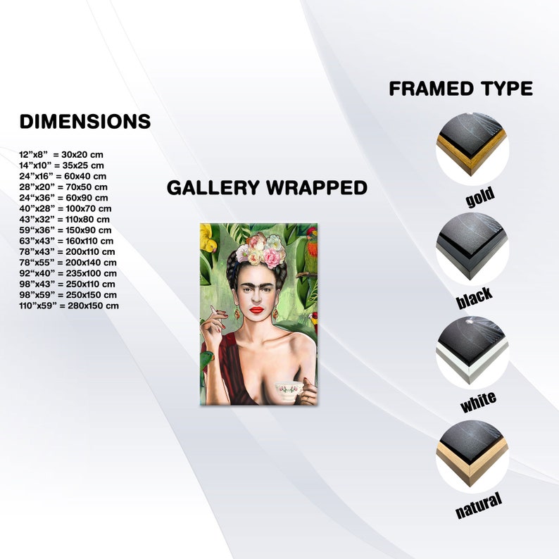 Puede incluir: Una pintura de Frida Kahlo con flores en el pelo, un cigarrillo en una mano y una taza de t&eacute; en la otra. La pintura est&aacute; sobre un fondo verde con loros. El texto "GALLERY WRAPPED" se muestra sobre la pintura. El texto "FRAMED TYPE" se muestra sobre cuatro im&aacute;genes enmarcadas de la pintura. Las im&aacute;genes enmarcadas est&aacute;n etiquetadas como "gold", "black", "white" y "natural".