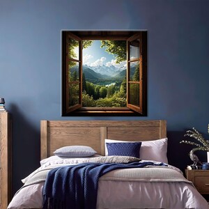 May include: A framed canvas print of a window view with a mountain range and a lake in the distance. The window is open and the view is framed by green trees and foliage.