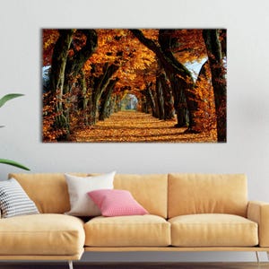 Herbst Waldweg Leinwanddruck - Herbst Baum Tunnel Wandkunst - Orange Laub Landschaft Poster für Wohnzimmer oder rustikale saisonale Wohndekoration