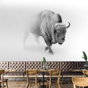 Decorazione murale minimalista con bisonte, murale con bisonte in bianco e nero, carta da parati con fauna selvatica contemporanea, elegante decorazione murale, murale con bufalo nero