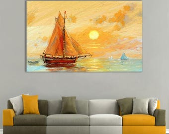 Könnte beinhalten: Ölgemälde eines Segelbootes auf dem Wasser bei Sonnenuntergang. Das Segelboot hat orange Segel und einen dunkelroten Rumpf. Der Himmel ist eine Mischung aus Orange und Gelb, mit der untergehenden Sonne in der Ferne. Das Wasser spiegelt die Farben des Himmels wider.