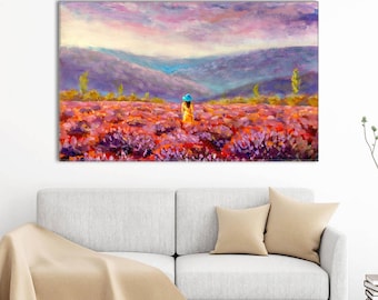 Lavender Field Canvas Art: Impressionist Woman Landscape Painting