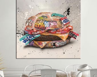 Graffiti Burger Canvas Art: Urban Pop Art Kitchen Decor