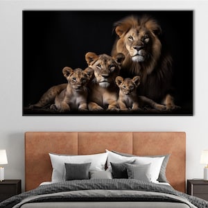 Lion Family Portrait Cotton Canvas Art - Majestic Wild Animal Wall Decor - Safari Wildlife Print of Lioness, Cubs and King of Jungle