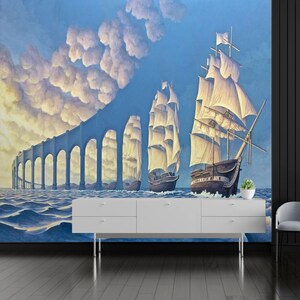 Puede incluir: Una pintura de dos barcos de vela en un cuerpo de agua con un puente de arco de piedra en el fondo. El cielo es azul con nubes blancas. Los barcos tienen velas blancas y navegan hacia el espectador.