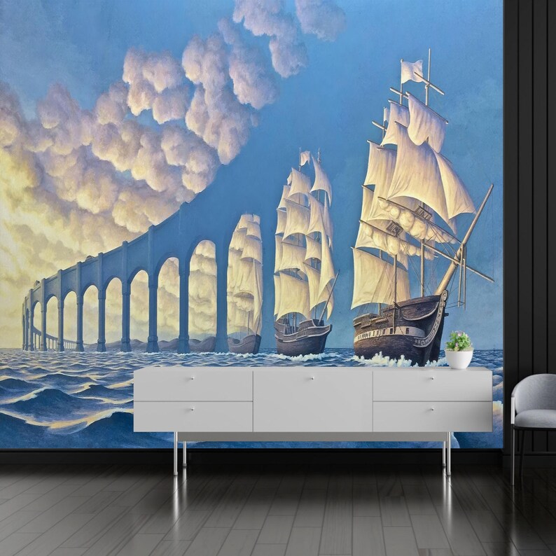 Puede incluir: Una pintura de dos barcos de vela en un cuerpo de agua con un puente de arco de piedra en el fondo. El cielo es azul con nubes blancas. Los barcos tienen velas blancas y navegan hacia el espectador.