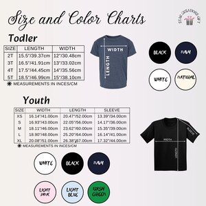 May include: A size and color chart for toddler and youth t-shirts. It includes two tables with measurements in inches and centimeters, illustrations of t-shirts with length and width labels, and circular color swatches for black, navy, white, and natural.