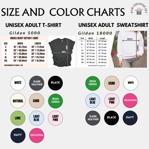 May include: Size and color charts for unisex adult Gildan 5000 t-shirts and Gildan 18000 sweatshirts. Includes tables with width and length measurements in inches and centimeters, along with circular color swatches labeled white, dark heather, black, natural, sand, irish green, lime, light blue, light pink, navy, and heliconia.