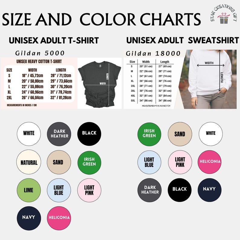 May include: Size and color charts for unisex adult Gildan 5000 t-shirts and Gildan 18000 sweatshirts. Includes tables with width and length measurements in inches and centimeters, along with circular color swatches labeled white, dark heather, black, natural, sand, irish green, lime, light blue, light pink, navy, and heliconia.