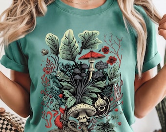 Gothic Mushroom Skull Botanical T-Shirt – Dark Forest Witchy Top