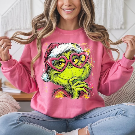 Funny Grinch Christmas Shirt: Santa Hat Heart Glasses Holiday Tee