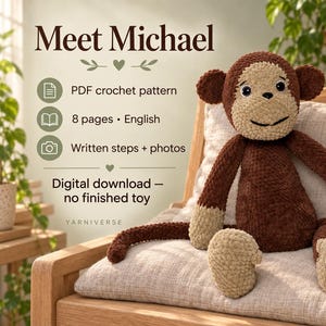 Häkelanleitung für einen Affen (PDF), 50 cm, Chenille-Amigurumi (niedrige Naht),