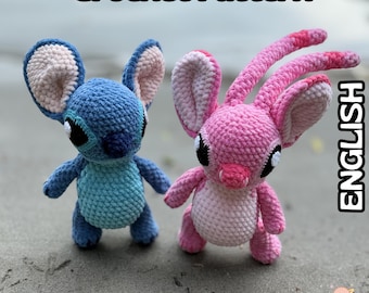 May include: A blue and pink crochet pattern bundle featuring two amigurumi figures. One is blue with large ears, the other is pink. The text "Crochet Pattern" and "Bundle Stitch & Angel" are displayed. The word "ENGLISH" is also visible.
