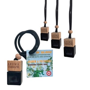 Difusor de coche DI GLANZ con aroma a jazmín y pachulí (paquete de 4), 8 ml, aroma a árbol de aroma, ambientador para coche, aceite de viaje premium de larga duración.