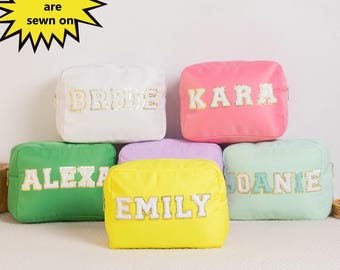 Personalized Nylon Cosmetic Bag: Chenille Letter Patch Travel Case
