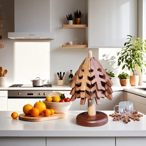 May include: A wooden Christmas tree-shaped coaster with a brown base and a set of matching snowflake coasters. The coasters are on a white countertop in a kitchen setting.