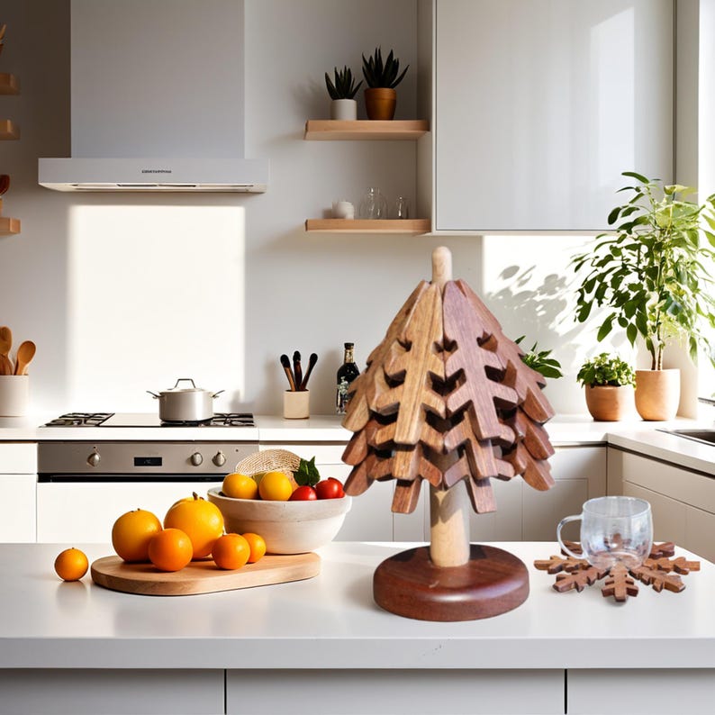 May include: A wooden Christmas tree-shaped coaster with a brown base and a set of matching snowflake coasters. The coasters are on a white countertop in a kitchen setting.