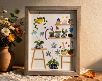 Handmade Sea Glass Flower Art in Frame – Coastal Wall Decor, Beach Themed Gift, Sea Glass Floral Arrangement for Living Room, Office  Wall
