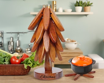 Personalized 4pcs wooden Tree Trivet Set for Hot Dishes Table Insulation Mat Collapsible Coasters Heat Resistant Pads for Kitchen Counter