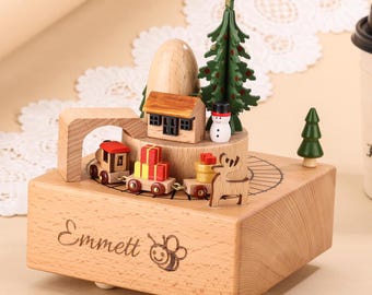 Personalized Wooden Train Music Box: Engraved Carousel Gift