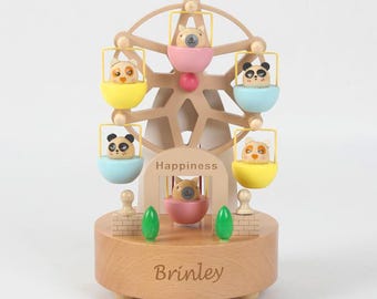 Personalized Wooden Animal Ferris Wheel Music Box: Engraved Keepsake Gift