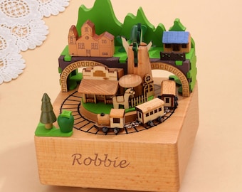 Personalized Wooden Train Music Box: Handmade Nursery Decor