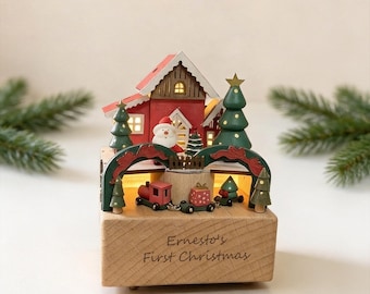 Personalized Christmas Music Box, Handmade Wooden LED Light Up Music Box, Rotating Winter Scene,Holiday Gift for Family, Christmas Eve Decor