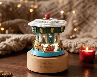 Rotating Wooden Christmas Music Box with Light, Christmas Carousel Music Box, Holiday Gift  Xmas Table Decor, Keepsake Gift,1st Xmas Gift