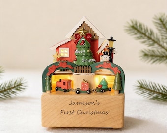 Wooden Christmas Music Box with Light, Custom Name Holiday Keepsake, Handmade Rotating Music Box, First Christmas Gift