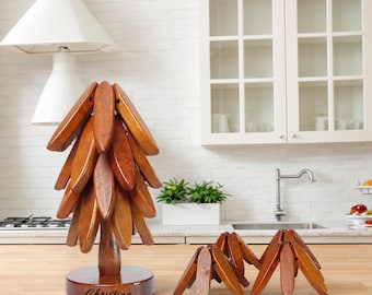 Personalized 4pcs wooden Tree Trivet Set for Hot Dishes Table Insulation Mat Collapsible Coasters Heat Resistant Pads for Kitchen Counter