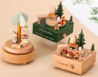 Personalized Wooden Train Music Box,Custom Musical Carousel，Birthday/Christmas Gift for Daughter, Baby Shower Gift, Engraved Name Music Box