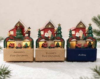 Handmade Wooden Christmas Music Box with LED Light, Personalized Engraved Name, Rotating Holiday Music Box, Christmas Keepsake Gift