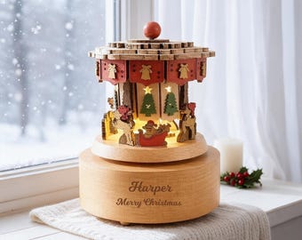 Personalized Wooden Rotating Music Box with Light, Custom Engraved Name, Christmas Keepsake Gift