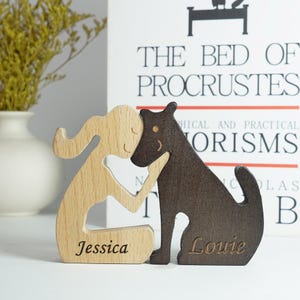 Personalized Pet Dog Wooden Statue , Human And Dog Home Desktop Wood Carving Decoration,Family Puppy Wood Dog Pet Lovers Memorial Gifts