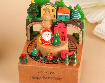 Personalized Carousel Music Box, Wooden Christmas Train, Engraved Keepsake