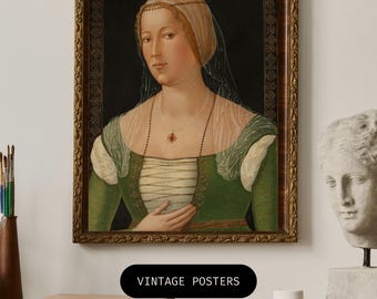 Arte digital instantáneo Retrato renacentista Mujer Arte imprimible Impresión de bellas artes del Renacimiento italiano Descarga instantánea Arte de pared verde Decoración clásica