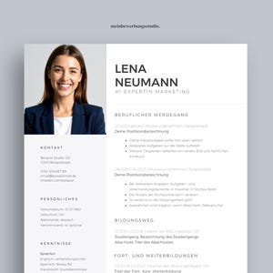 May include: A professional resume template with a photo of a smiling woman in a navy blazer. The resume includes sections for contact information, skills, and work experience. The text is in black font on a white background.