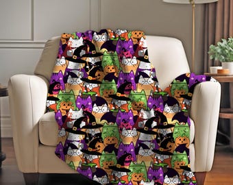 Cute Halloween Cats Blanket, Soft Sherpa Fleece Blanket, Cat Lover Blanket, Halloween Accent Throw, 2 Sizes