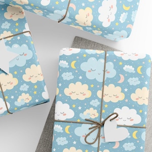 Papel de regalo con nubes, ideal para baby shower, con diseño de nubes, luna y estrellas, papel premium, rollos de papel de regalo, 3 tamaños