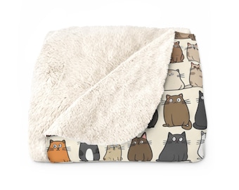Boho Cats Blanket, Sherpa Fleece Blanket, Cat Lover Accent Throw, 2 Sizes