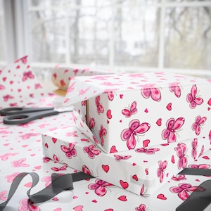 Pink Butterflies Gift Wrap, Pink Birthday Wrapping Paper, Butterfly and Hearts Design, Wrapping Paper Rolls, 3 Sizes