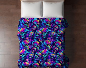 Neon Skulls Blanket, Sherpa Fleece Blanket, Halloween Decor Blanket, Groovy Retro Aesthetic, Accent Throw, 2 Sizes