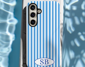 Coastal Blue Striped Phone Case, Monogram iPhone 12 13 14 15 16 17 Pro Max, Samsung Galaxy, Google Pixel, MagSafe Available